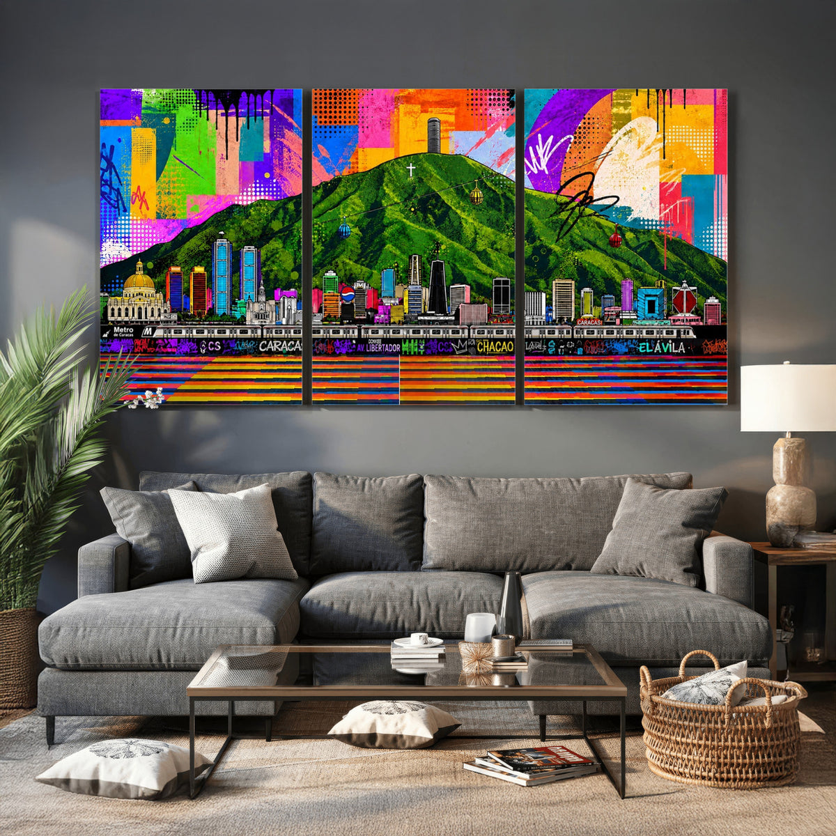 86696255-MGV-CV-36X24 - Mount Ávila, Caracas, Venezuela Wall Art Print by Artist Yorlette - Graffiti Caracas Skyline Canvas Art, Colorful Street Artwork - Venezuela El Avila Poster Print