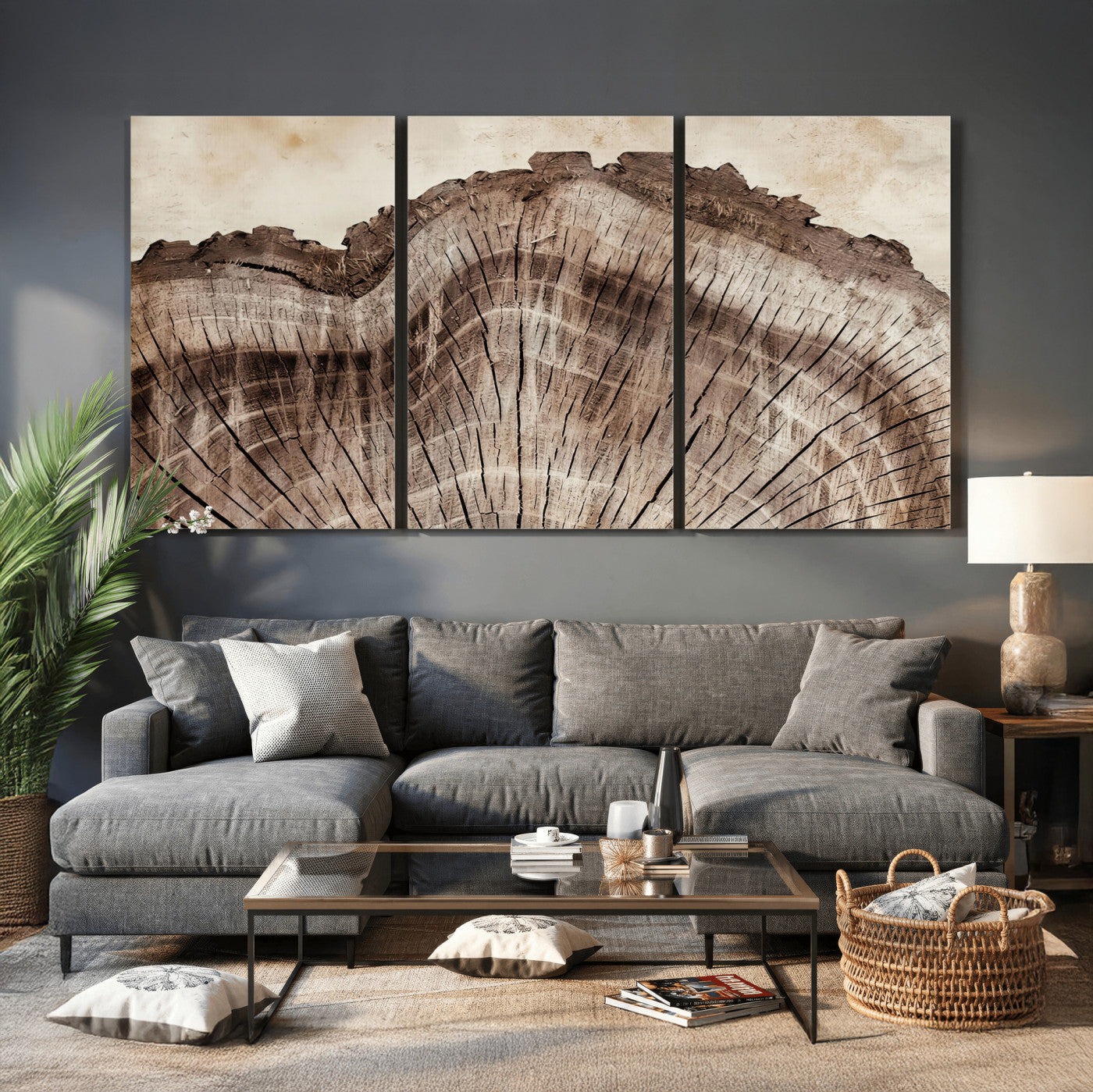 91280382-MGV-CV-60X30-3P - Tree Ring Canvas Wall Art in Neutral Earth Tones, Framed Wood Slice Print for Rustic and Japandi Interiors