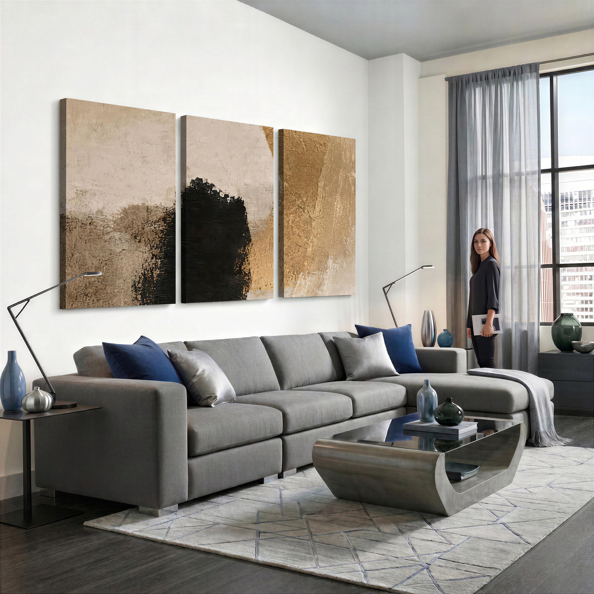 36003778-MGV-CV-48X32-3P - Mid Century Modern Geometric Canvas Wall Art, Abstract Triptych Print
