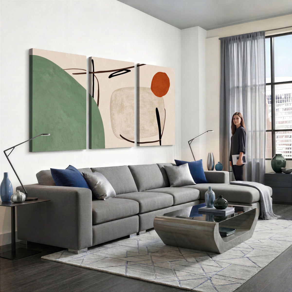 46798824-MGV-CV-48X32-3P - Mid Century Modern Geometric Canvas Wall Art, Abstract Triptych Print