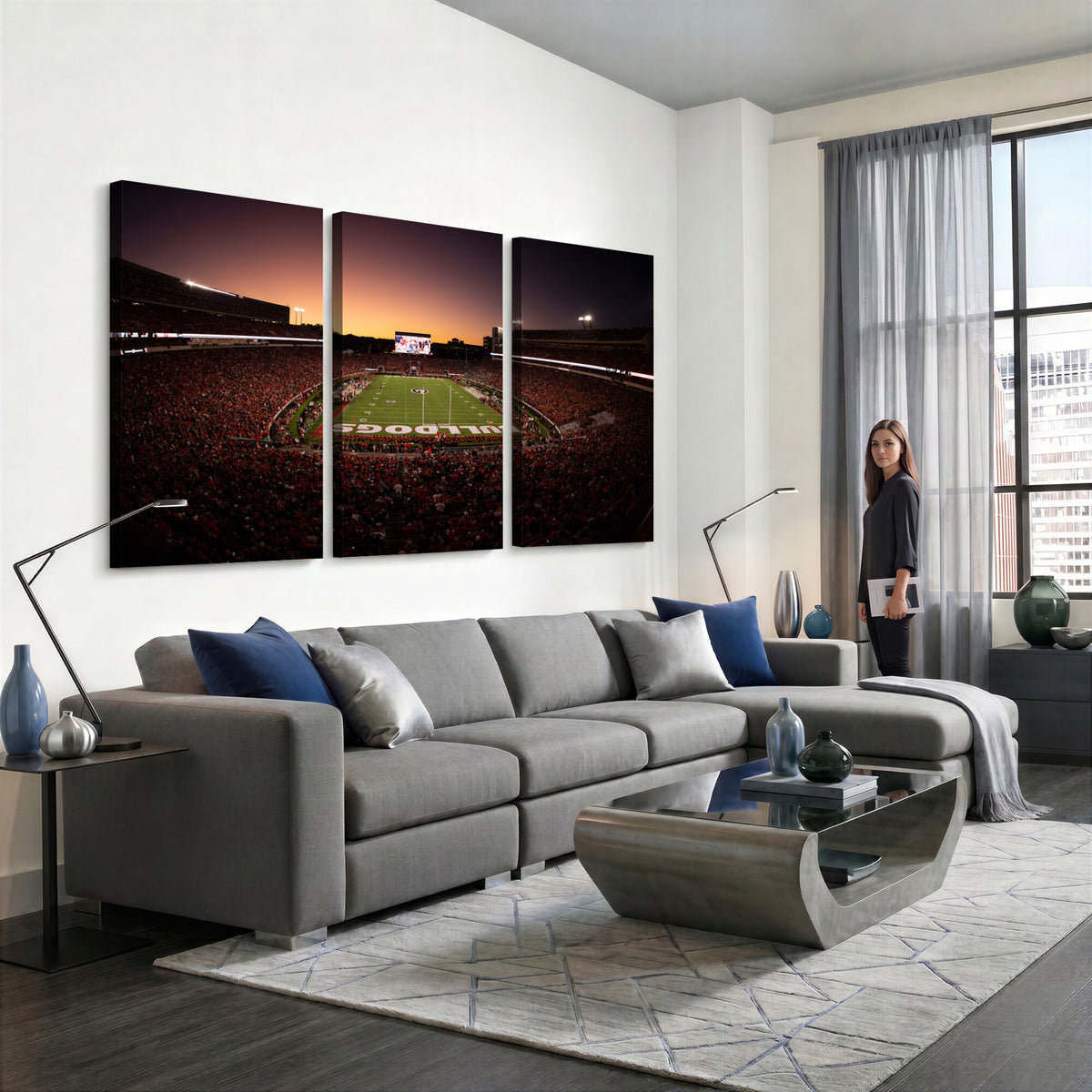 97720998-_Poster-30x20 - Georgia Bulldogs Stadium Sunset Canvas Print 3 Piece Framed Wall Art Extra Large Floating Frame Sports Poster Made in USA