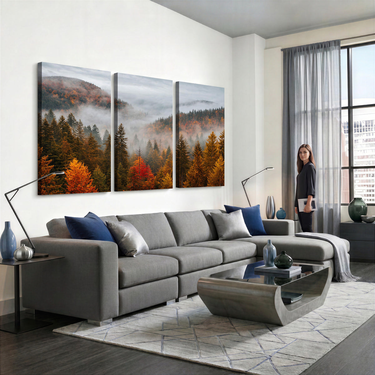 87481341-_Poster-30x20 - Foggy Autumn Mountain Canvas Print Smoky Pine Forest Wall Art Panoramic Nature Poster 3 Piece Made in USA