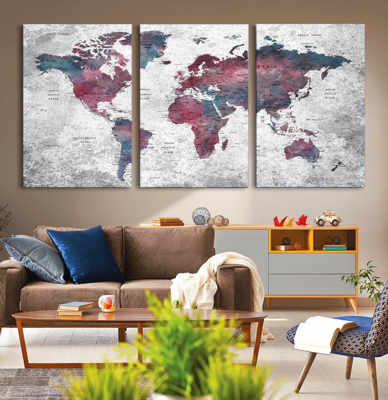-Modern Red and Gray World Map Canvas Print – Framed Push Pin Wall Art for Couples, Contemporary Travel Map Artwork for Home and Office Decor
