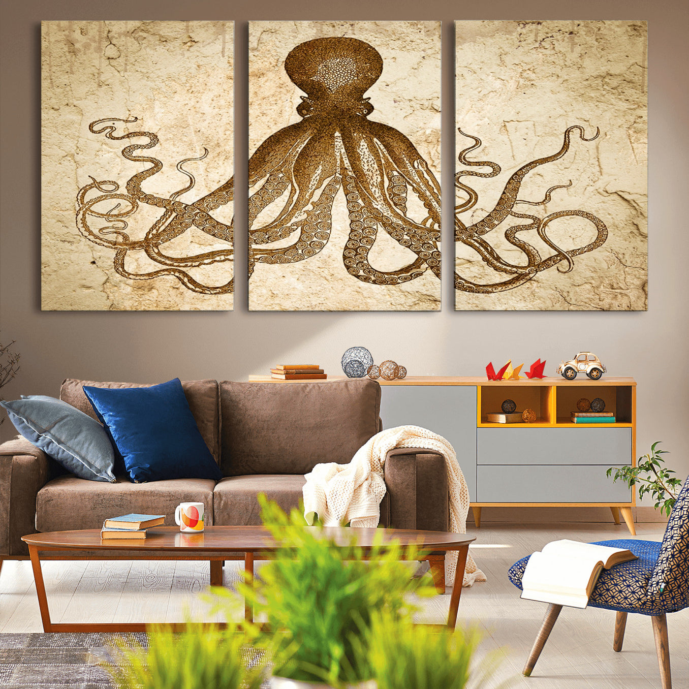 96154-MGV-CV-36X24-Sepia Octopus Wall Art Abstract Animal Canvas Print