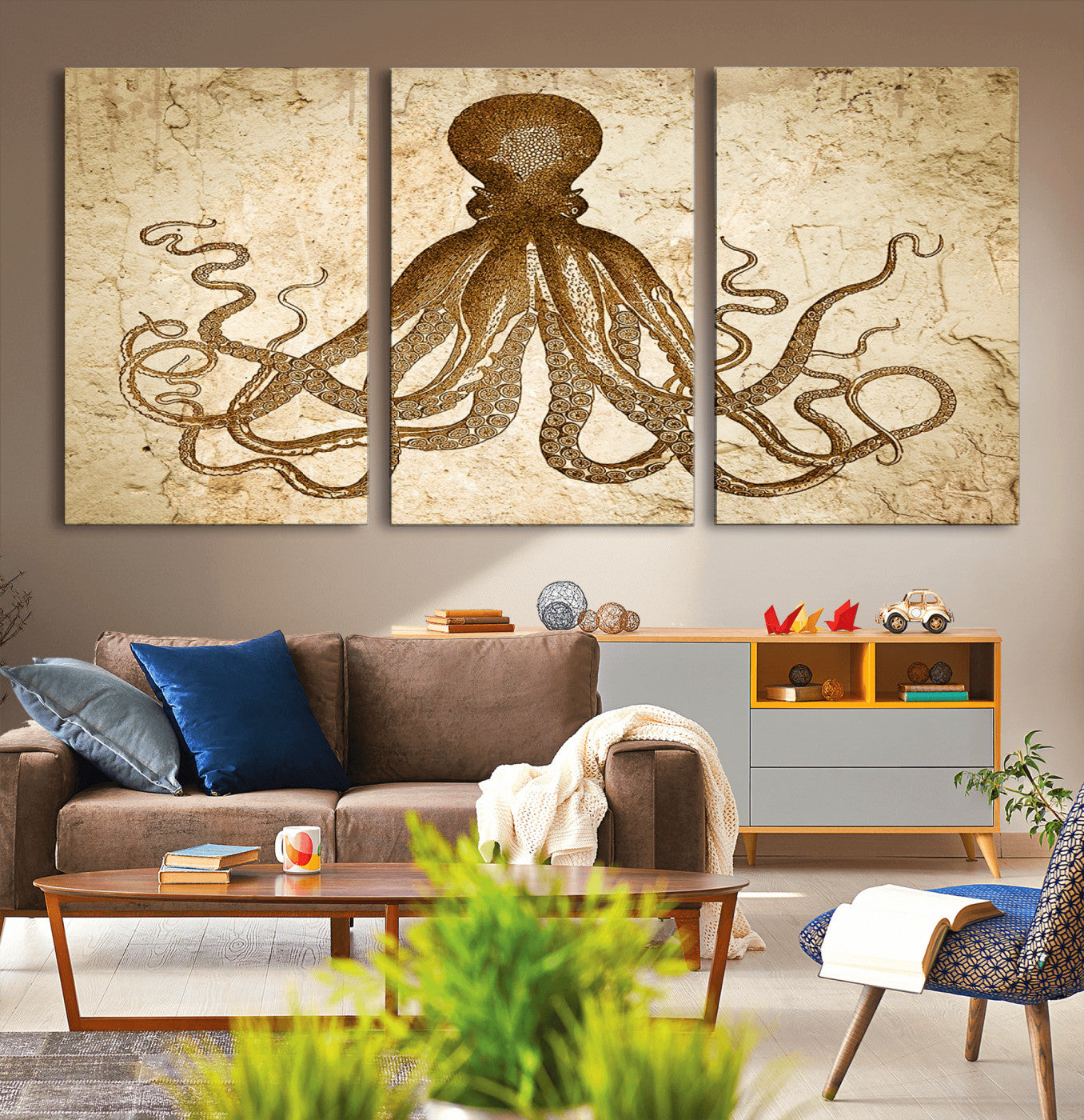 96154-MGV-CV-36X24-Sepia Octopus Wall Art Abstract Animal Canvas Print