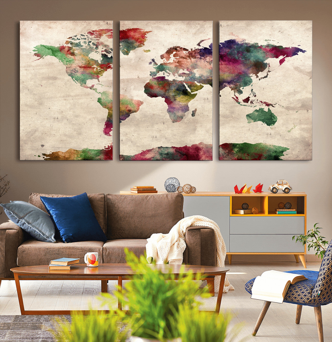 69476-MGV-CV-36X24-Watercolor World Map Canvas Print – Framed Push Pin Wall Art for Couples, Colorful Travel Map Artwork for Elegant Home and Office Decor
