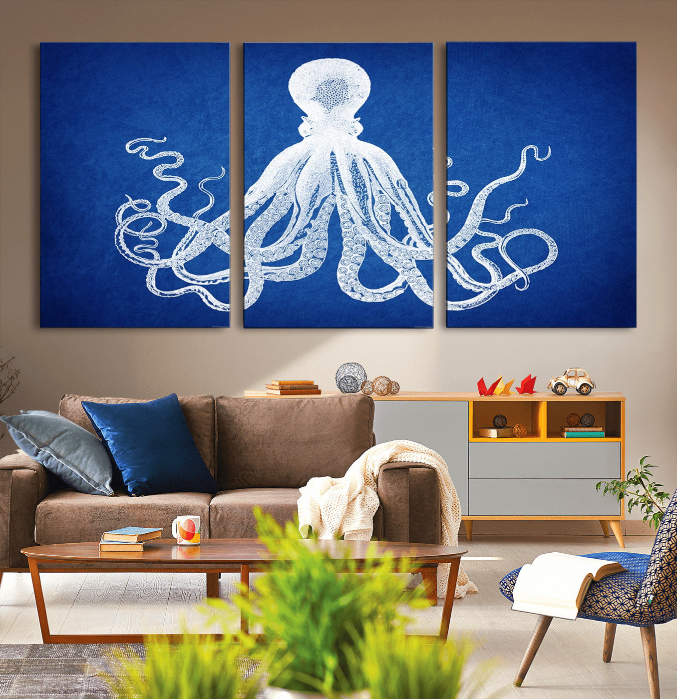 67315-MGV-CV-36X24-Large 3-Panel Blue Octopus Canvas Wall Art | Coastal Marine Life Artwork for Living Room, Bedroom,