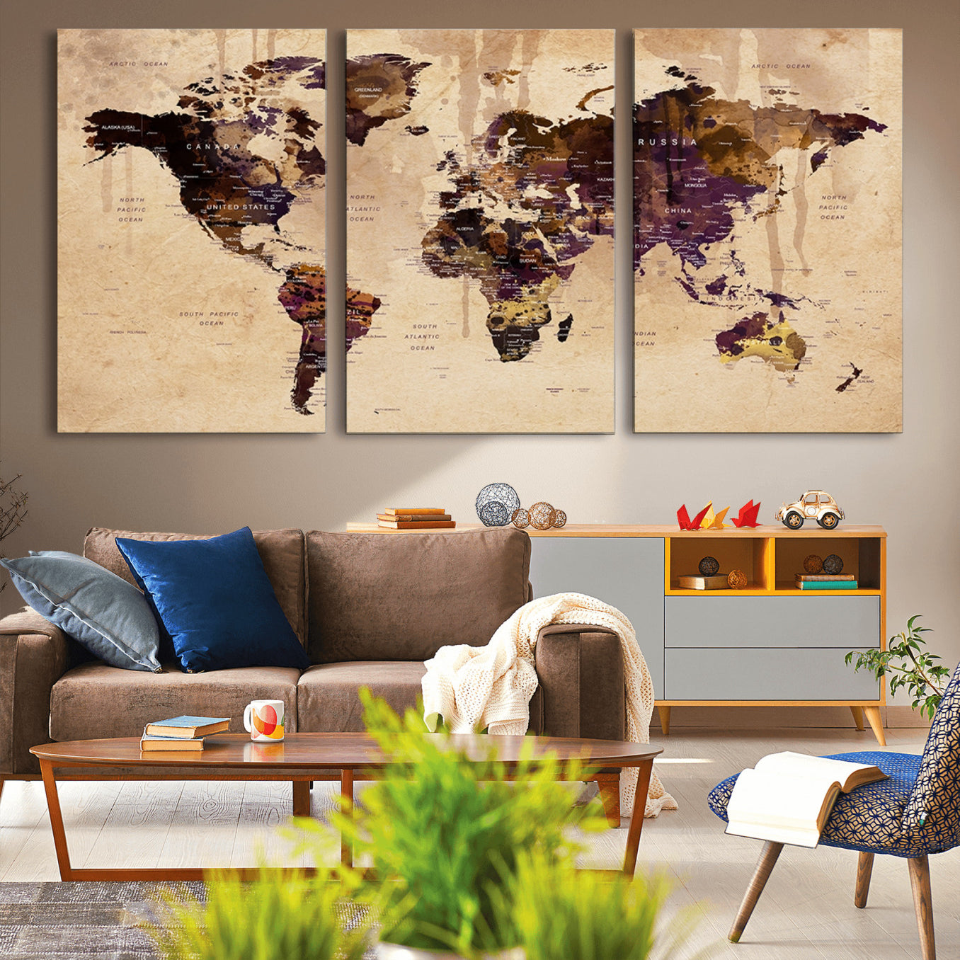 -Vintage World Map Canvas Wall Art – Framed Push Pin Travel Map for Home and Office Decor