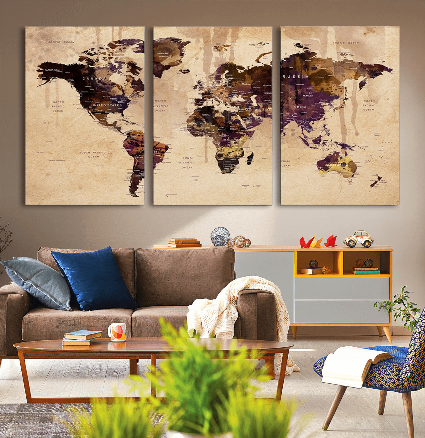 -Vintage World Map Canvas Wall Art – Framed Push Pin Travel Map for Home and Office Decor