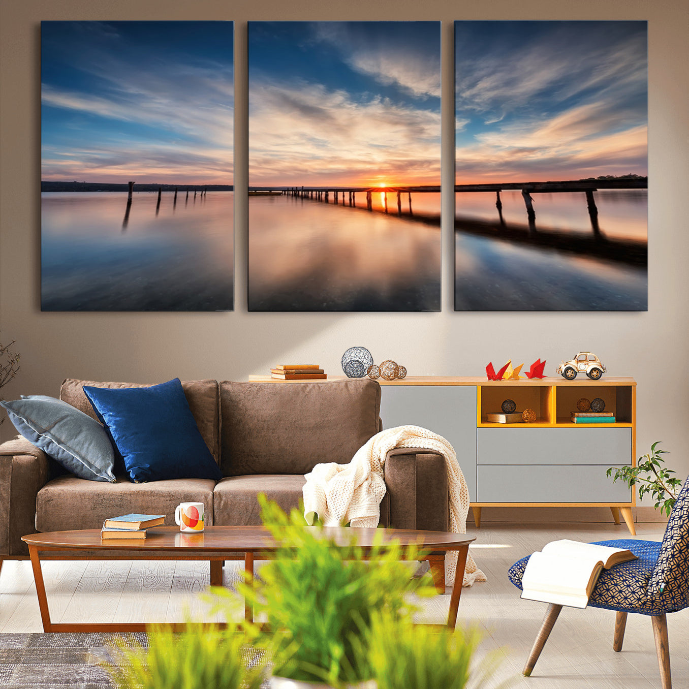 39967-MGV-CV-36X24-Wooden Pier on Seascape and Sunset Wall Art Canvas Print