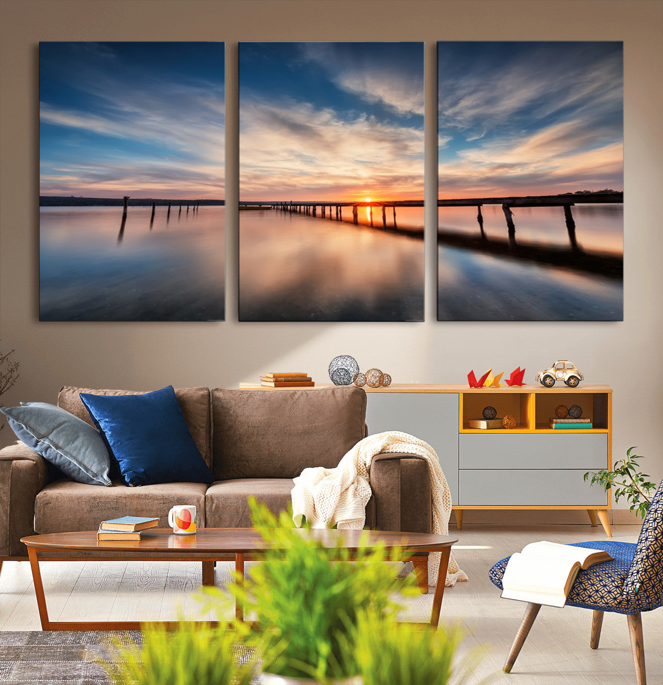 39967-MGV-CV-36X24-Wooden Pier on Seascape and Sunset Wall Art Canvas Print