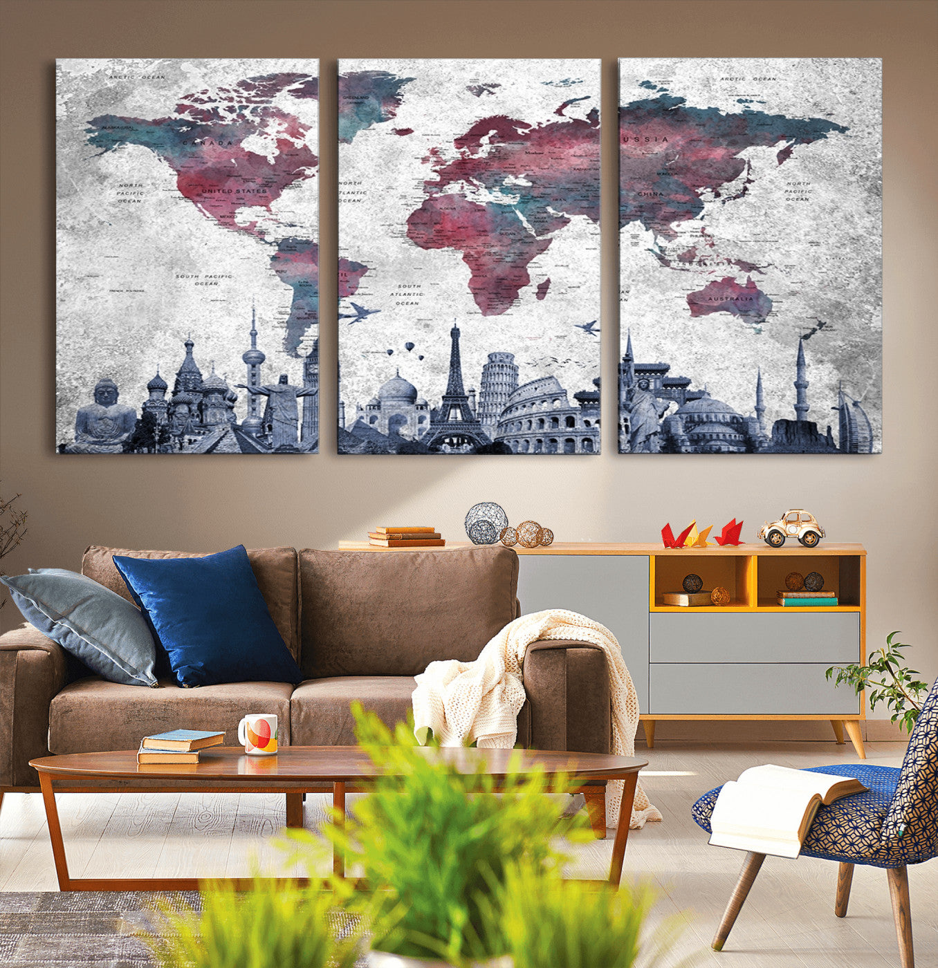 42515-MGV-CV-36X24-World Map Canvas Wall Art with Famous Landmarks – Framed Travel Map Print for Home and Office Decor, Perfect Gift for Travel Lovers