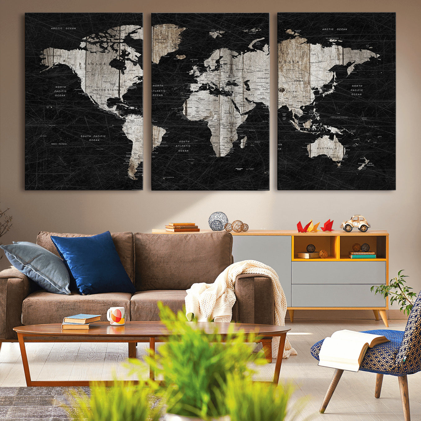 89998-MGV-CV-60X30-3P-Rustic Black and Wood World Map Canvas Wall Art – Framed Push Pin Travel Map for Home and Office Decor, Modern Vintage Wall Artwork