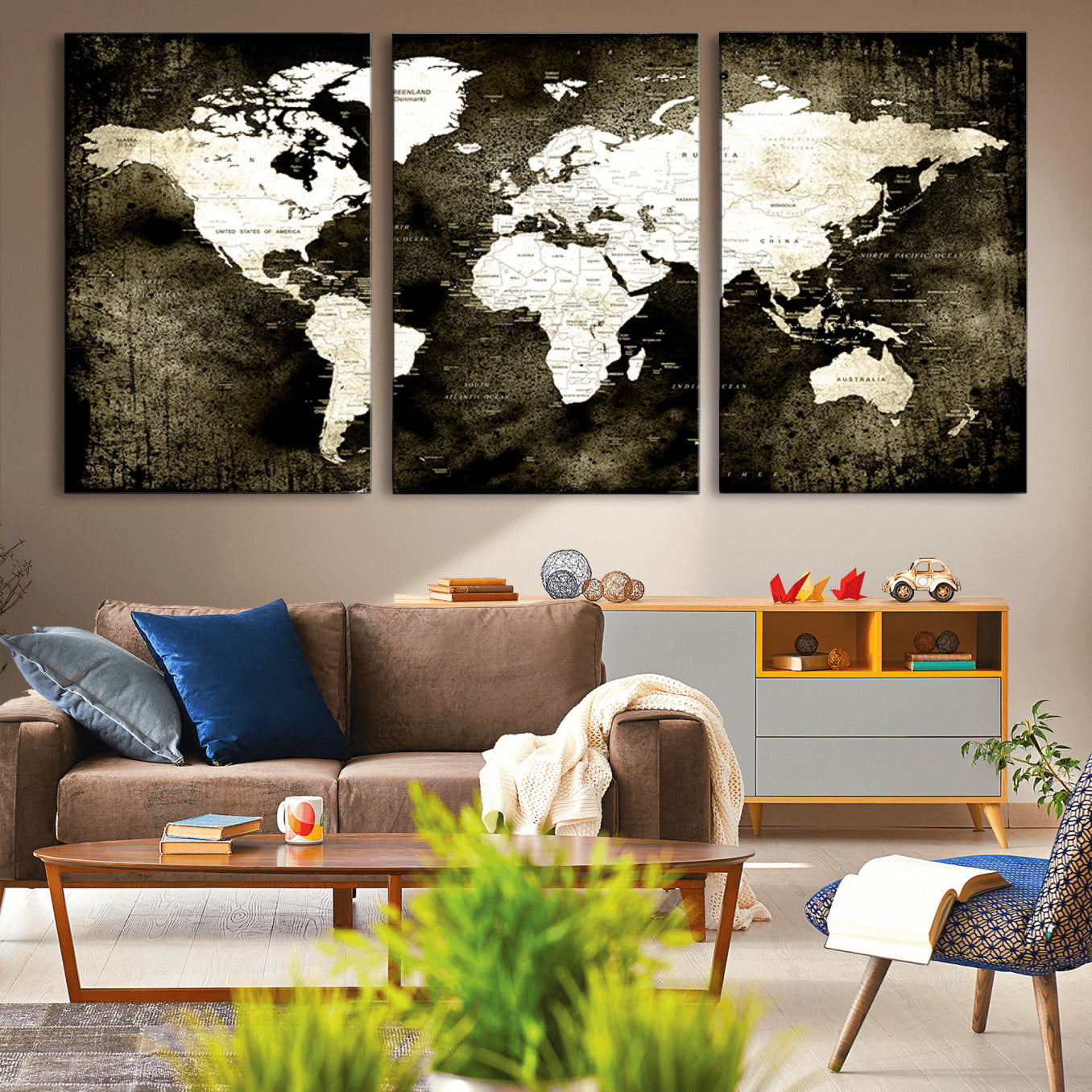 66737-MGV-CV-36X24-Vintage World Map Canvas Wall Art – Framed Push Pin Travel Map for Home and Office Decor, Rustic Wall Artwork for Travelers