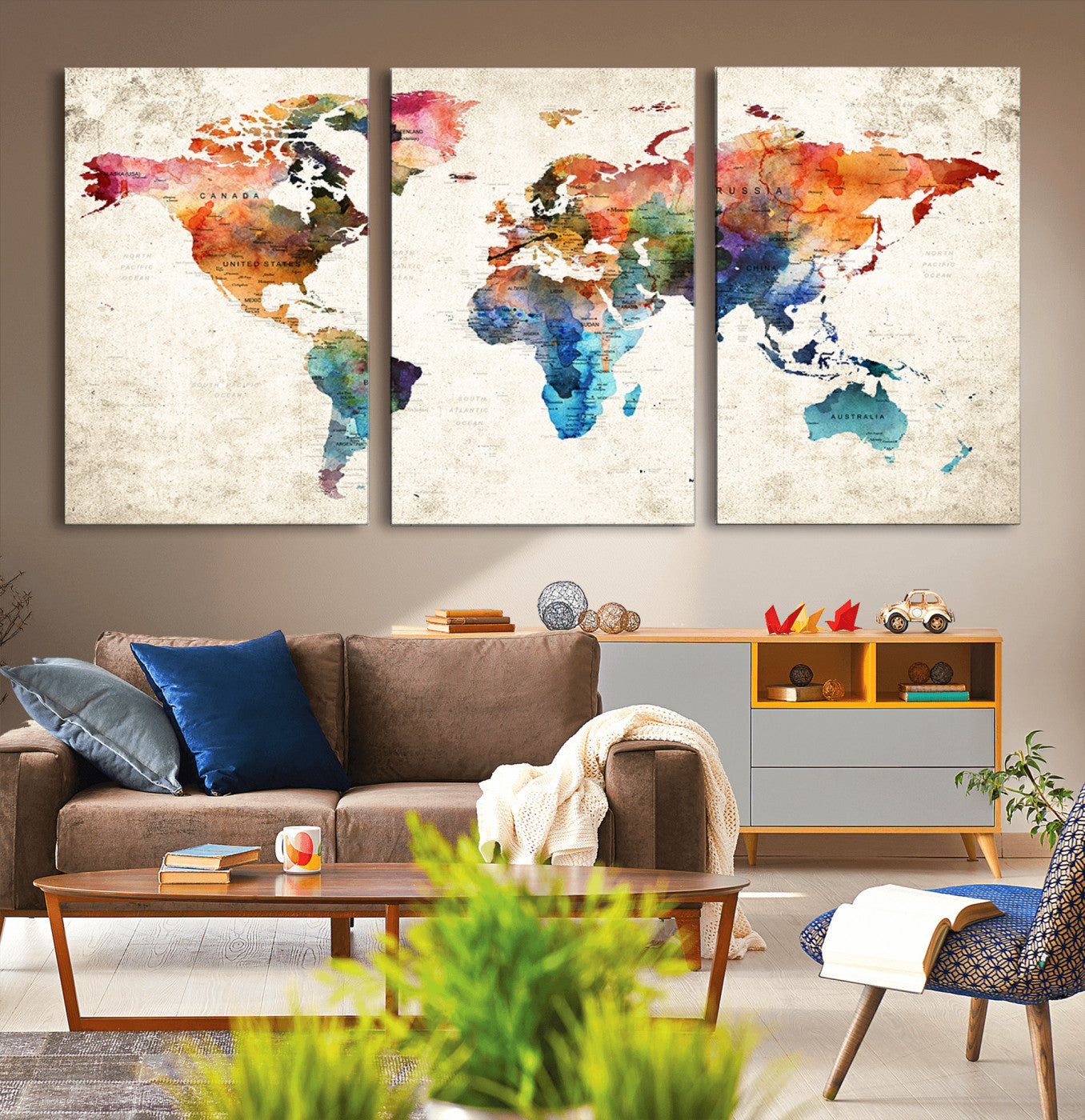 -Personalized World Map Canvas Print – Colorful Watercolor Push Pin Travel Map, Framed Wall Art for Home or Office Decor