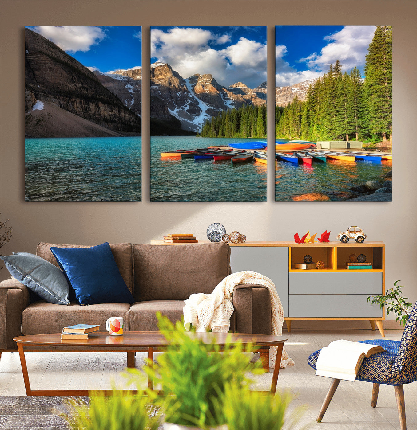 -Moraine Lake 3-Panel Wall Art, Majestic Mountain and Lake Landscape Canvas Print Canoes on Moraine