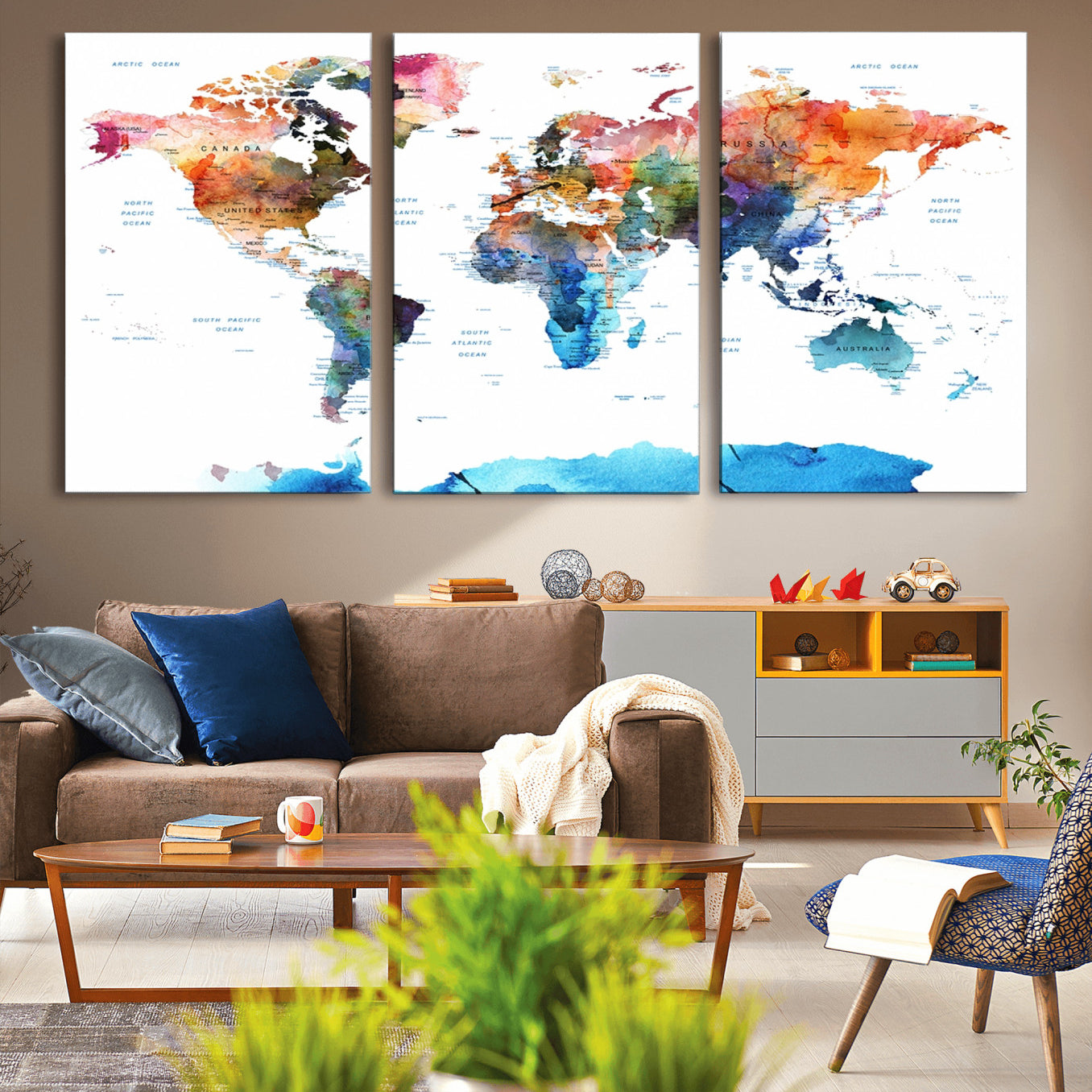 11576-MGV-CV-36X24-Vibrant Watercolor World Map Canvas Wall Art – Framed Push Pin Travel Map for Home and Office Decor, Modern Colorful Wall Artwork