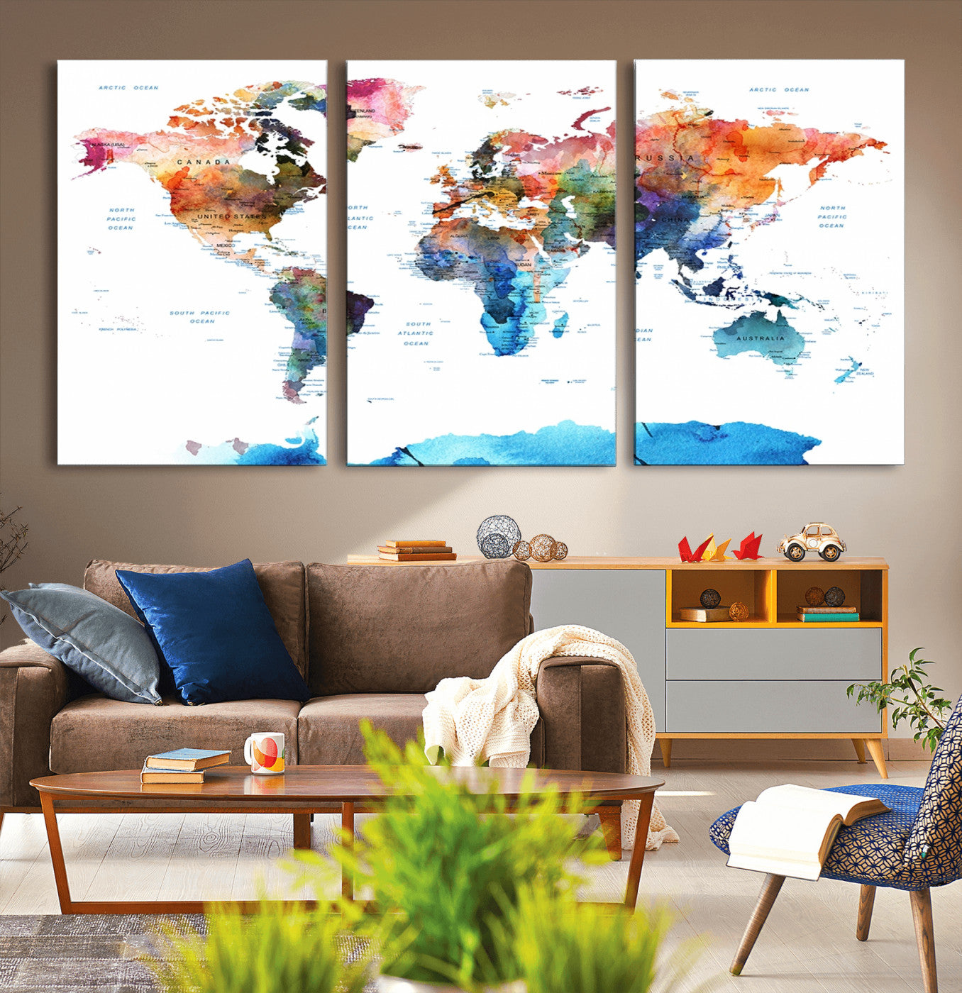 11576-MGV-CV-36X24-Vibrant Watercolor World Map Canvas Wall Art – Framed Push Pin Travel Map for Home and Office Decor, Modern Colorful Wall Artwork