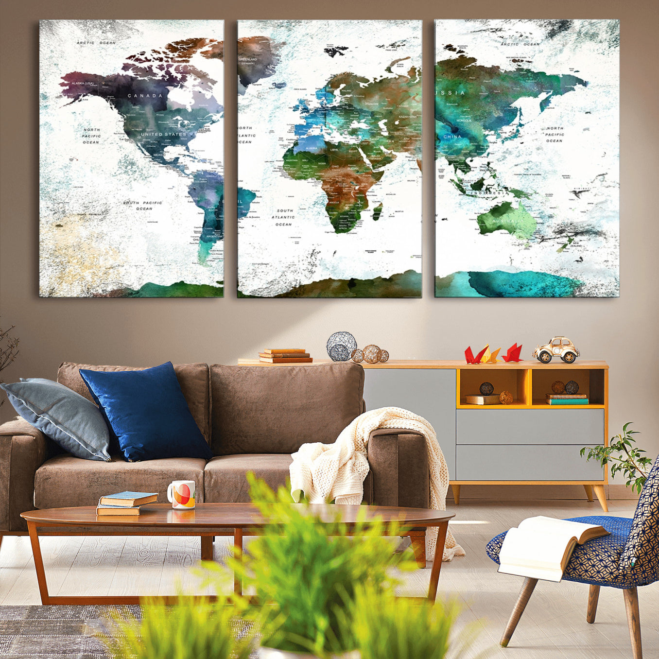 -Modern Watercolor World Map Canvas Wall Art – Framed Abstract Map Print, Contemporary Travel Artwork for Elegant Home and Office Decor