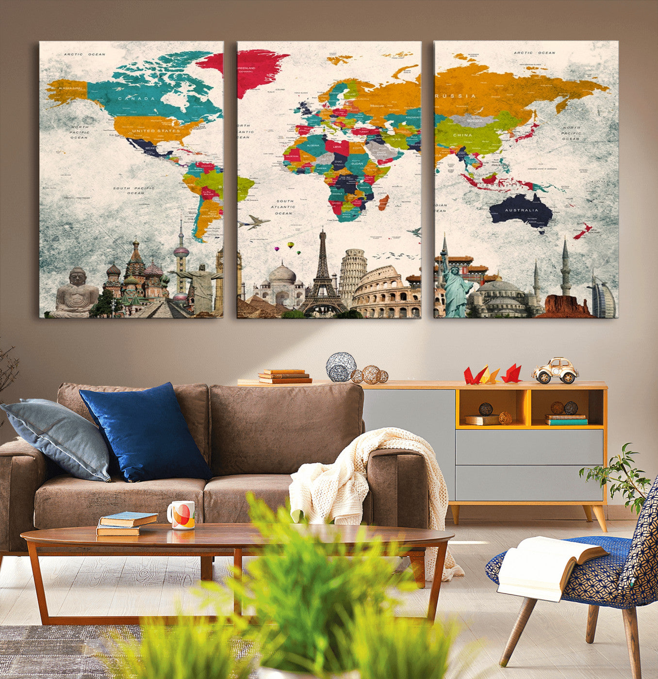 98056-MGV-CV-36X24-Colorful World Map Canvas Wall Art with Landmarks – Framed Travel Map Print for Home and Office Decor, Perfect Gift for Travel Lovers