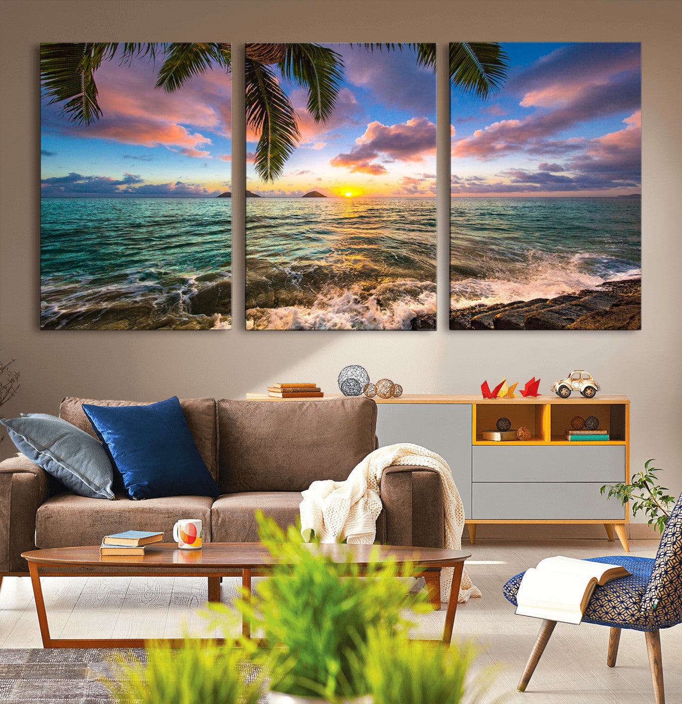 -Framed Tropical Sunset Art Canvas Print