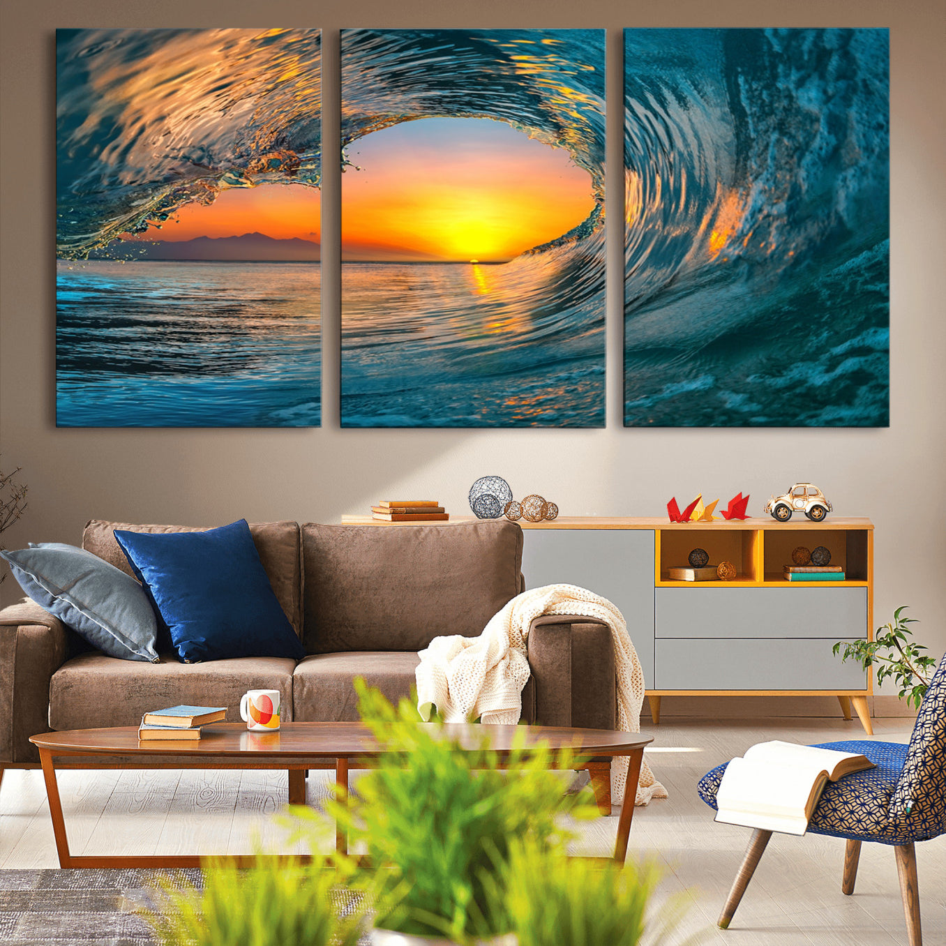 -Ocean Wave Sunset Wall Art | Large Coastal Wave Canvas Print | 3-Panel Ocean Sunset Seascape for