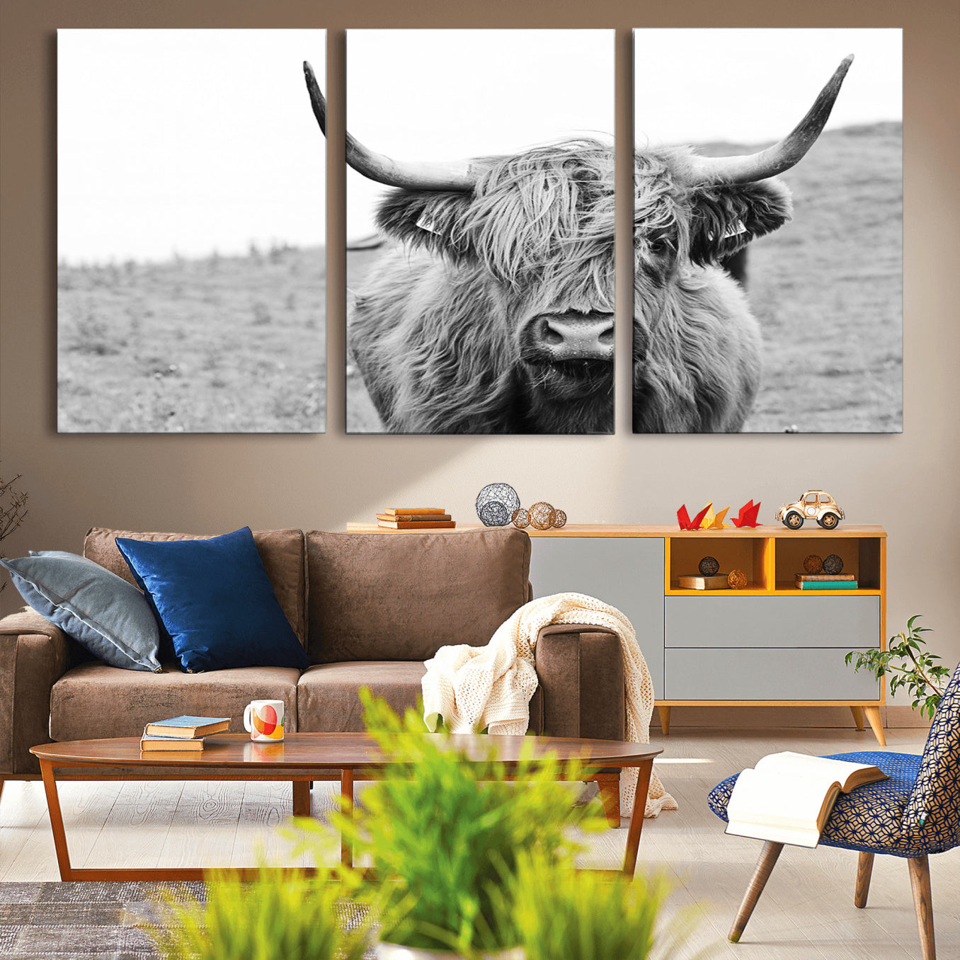 -Newfoundland Cow Art Wall Art, Black White Cow Art Wall Art Canvas Print