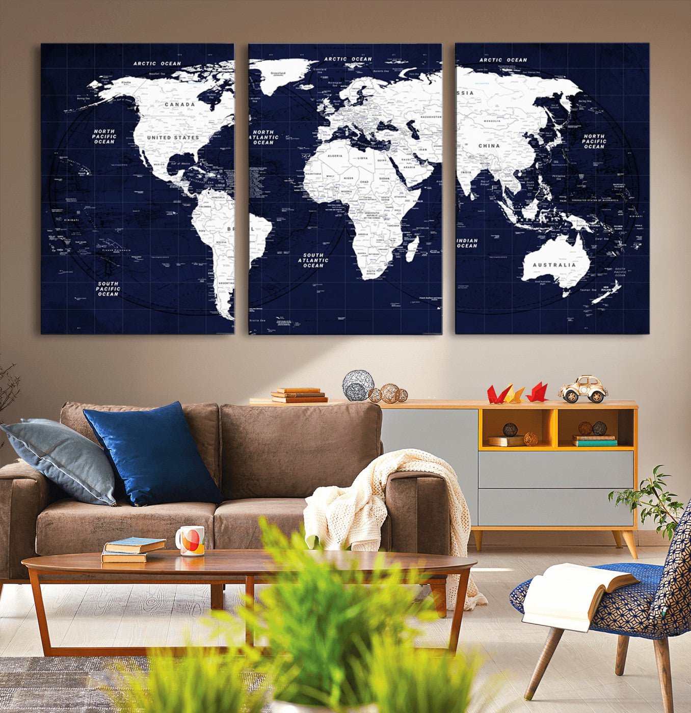 -Navy Blue World Map Canvas Print – Modern Push Pin Travel Map Wall Art, Framed Contemporary Decor for Home or Office