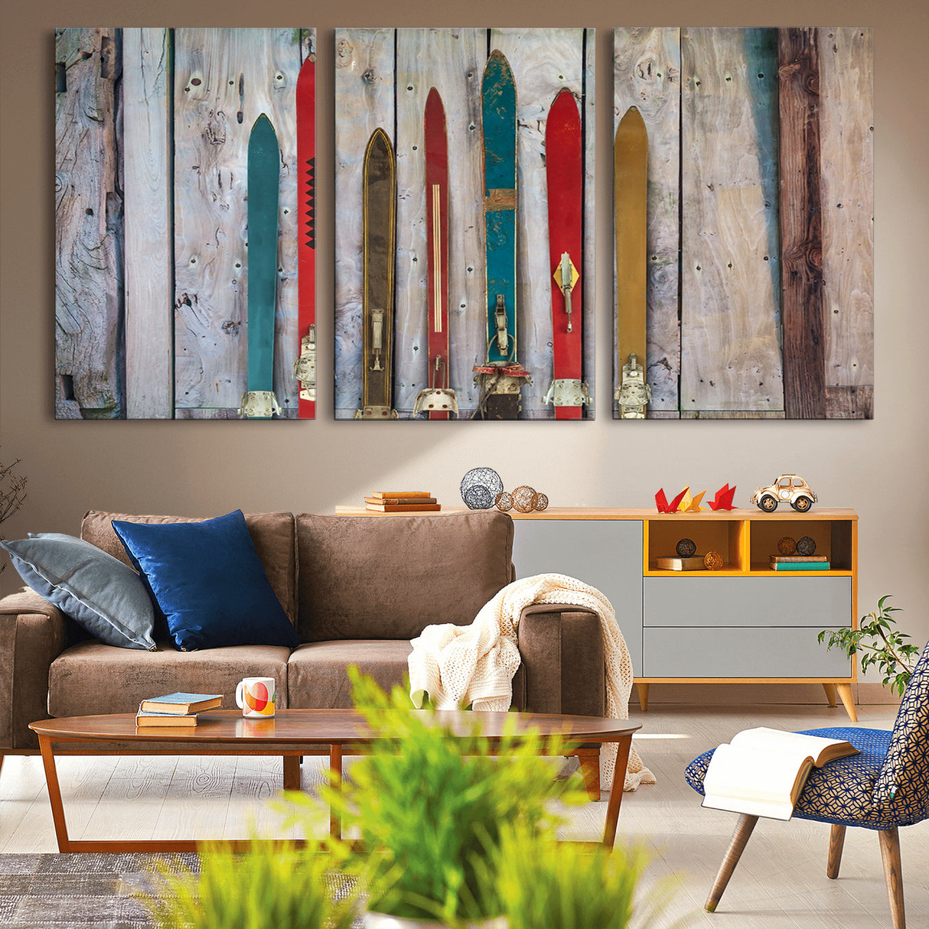 -Vintage Wooden Weathered Ski's in Front of an Old Barn Wall Art Canvas Print for Farmhouse, Cabin