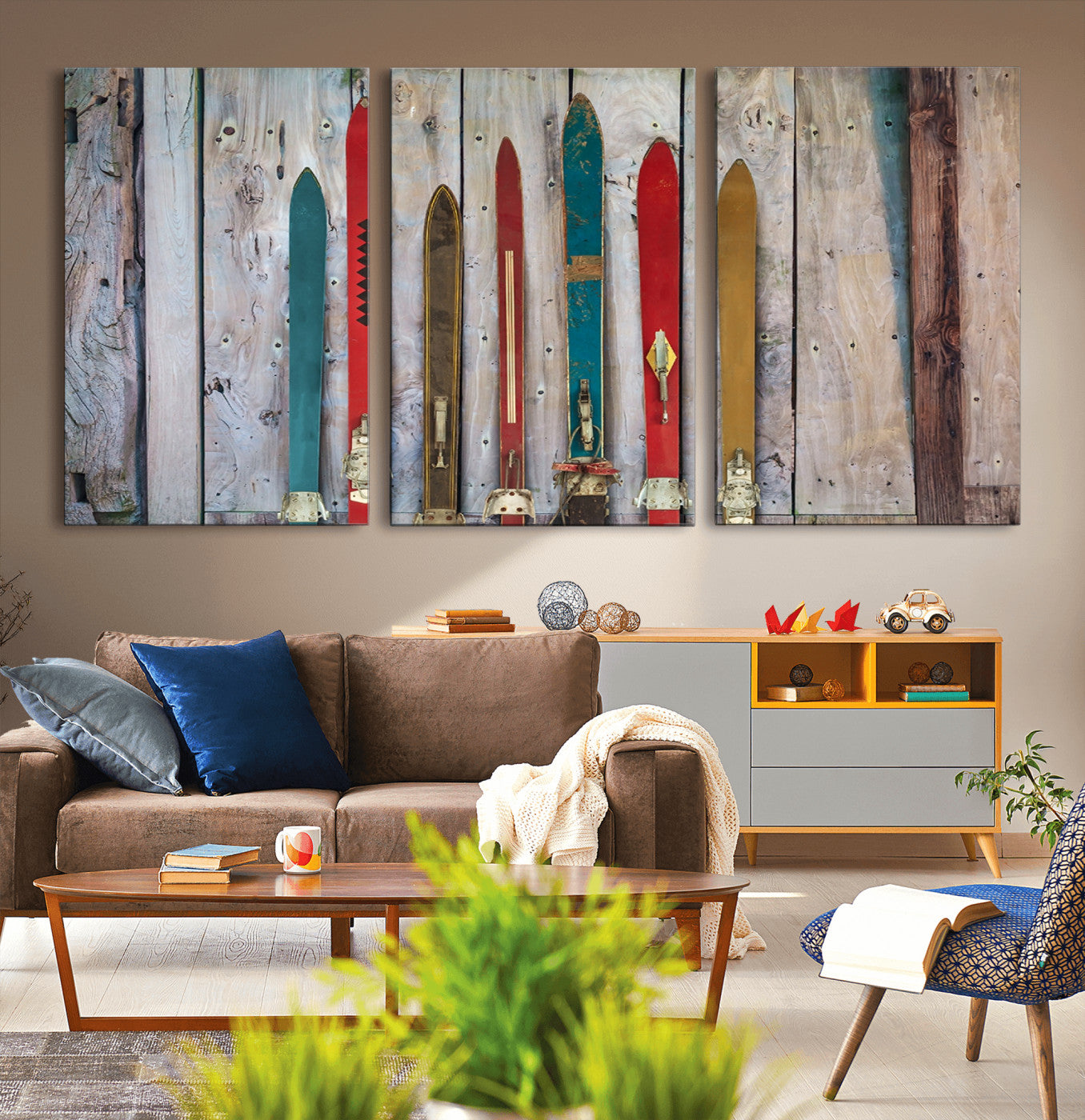 30640-MGV-CV-36X24-Vintage Wooden Weathered Ski's in Front of an Old Barn Wall Art Canvas Print for Farmhouse, Cabin