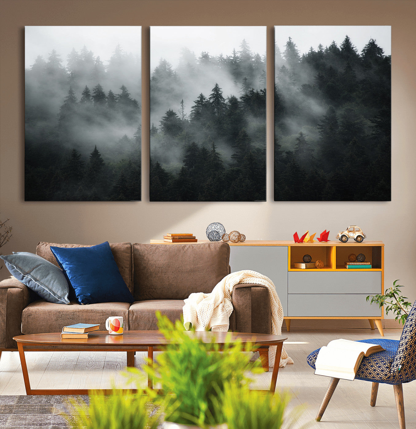 52359-MGV-CV-36X24-Foggy Forest Wall Art Canvas Print | 3 Panel Large Misty Landscape for Dining Room, Office, or