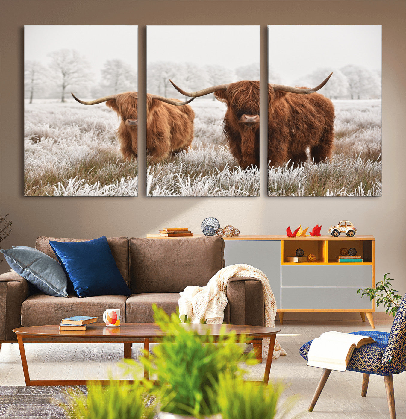 -Longhorn Cattle Wall Art Canvas Print, Framed Farmhouse Style Art Picture Print, Rustic Cow Perfect Rustic Farmhouse Decor Artwork