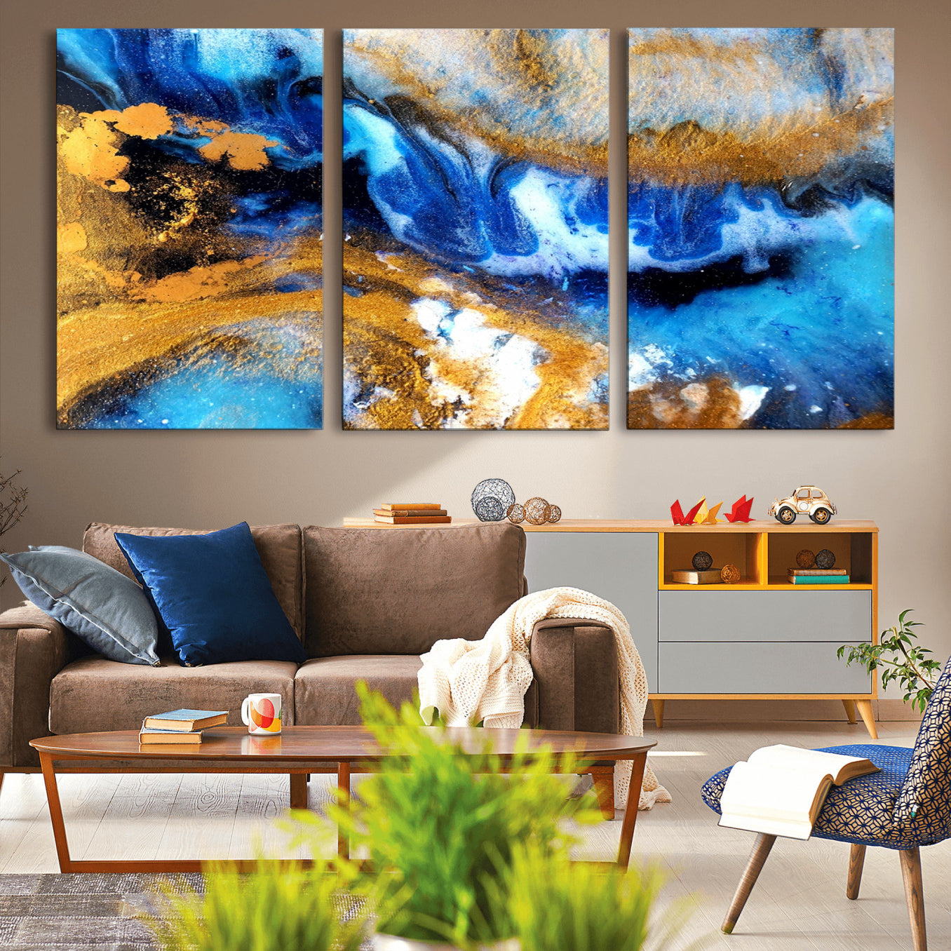 42100-MGV-CV-36X24-Blue Orange Marble Fluid Effect Canvas Wall Art Print
