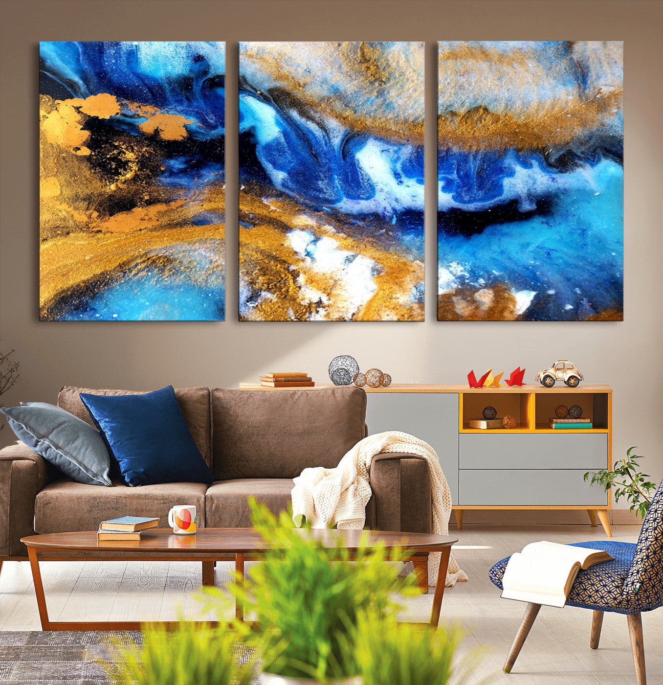 42100-MGV-CV-36X24-Blue Orange Marble Fluid Effect Canvas Wall Art Print