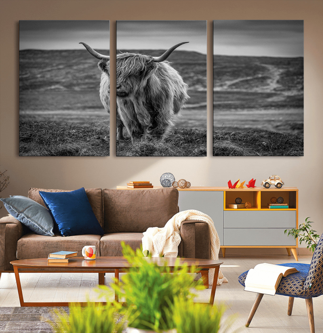 42995-MGV-CV-60X30-3P-Fluffy Cattle Wall Art Print, Highland Cow Canvas, Framed Black and white Wall Art