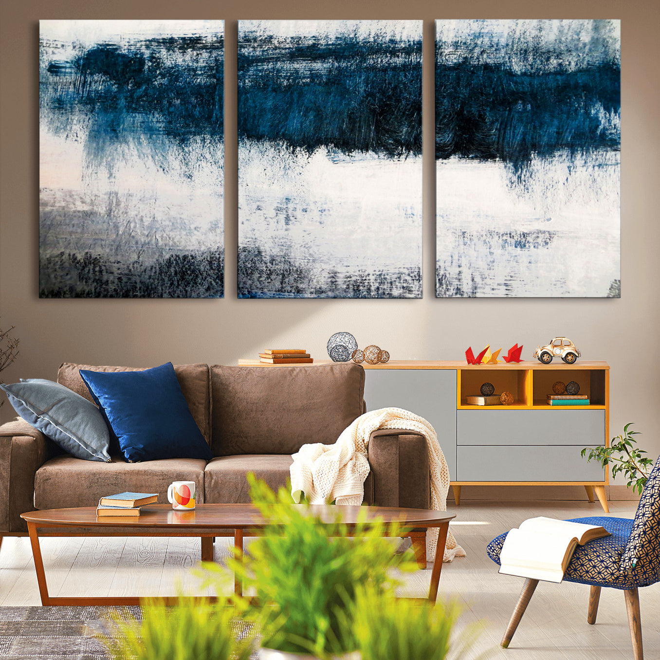 -Abstract Blue and White Canvas Art | Large Wall Art for Modern Living Room Decor | Minimalist
