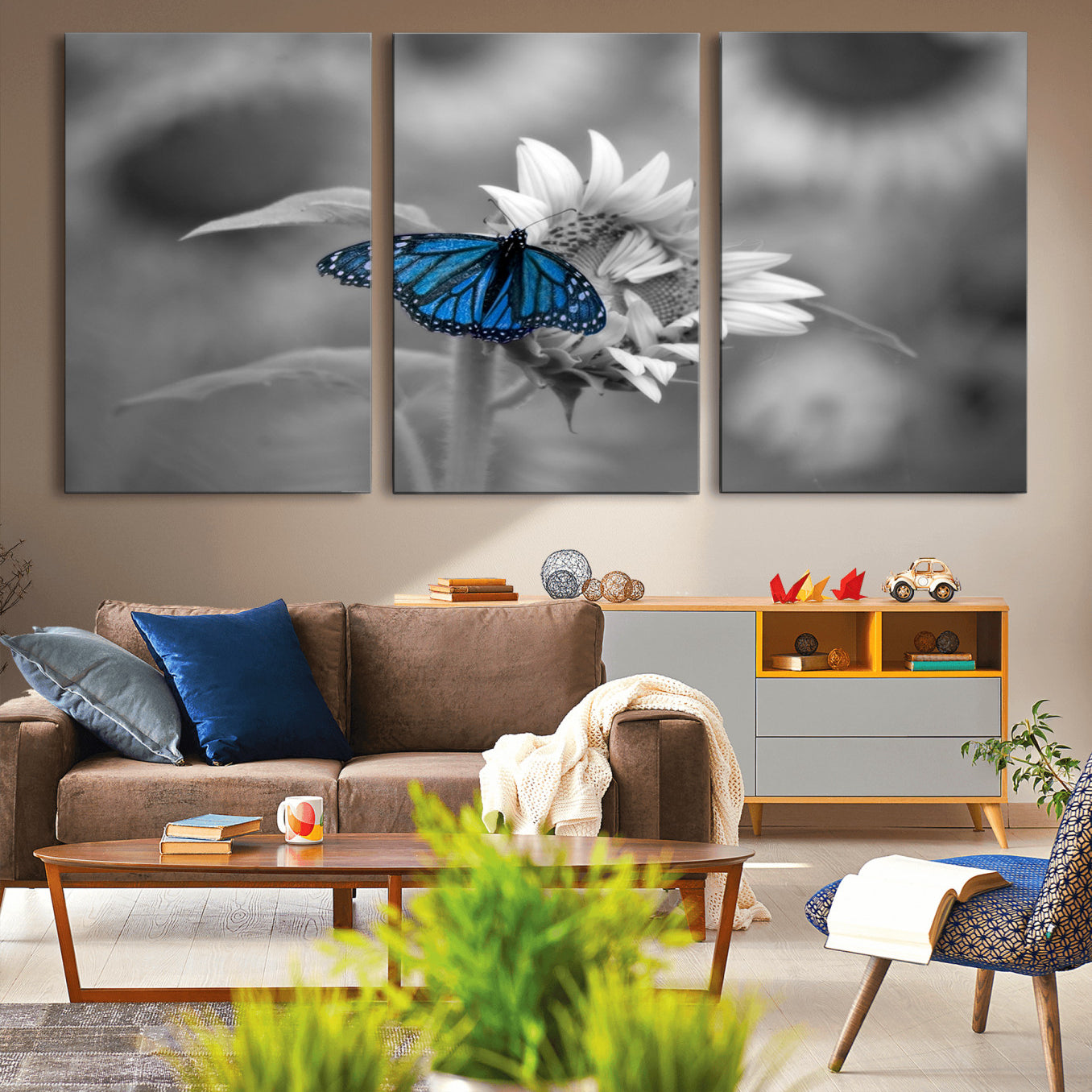 -Blue Butterfly Black and White Canvas Wall Art
