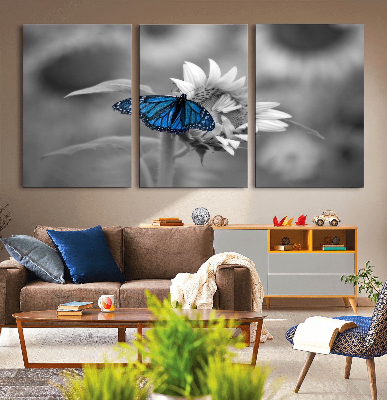 -Blue Butterfly Black and White Canvas Wall Art