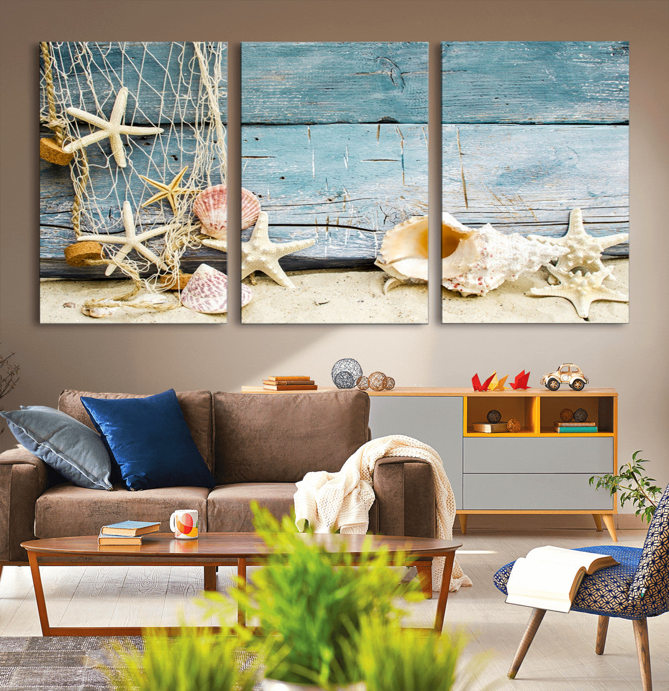 88448-MGV-CV-36X24-Seashells on Rustic Wooden Background, Seashells Wall Art Canvas Print