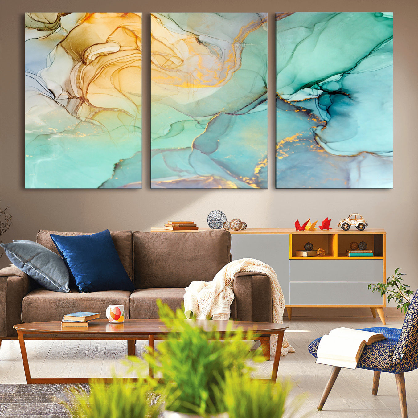 84233-MGV-CV-36X24-Abstract Aqua and Gold Fluid Wall Art Canvas | 3 Panel Large Canvas Print for Living Room, Office,