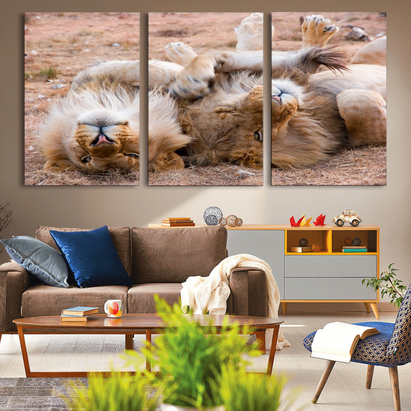 -Lion Pair Wall Art Canvas Print – Framed Wildlife Scene with Playful Lions Artwork for Home, Office, Living Room