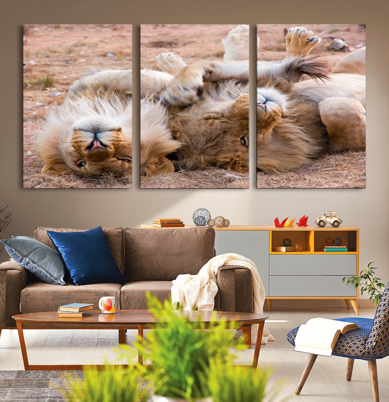 62598-MGV-CV-36X24-Lion Pair Wall Art Canvas Print – Framed Wildlife Scene with Playful Lions Artwork for Home, Office, Living Room