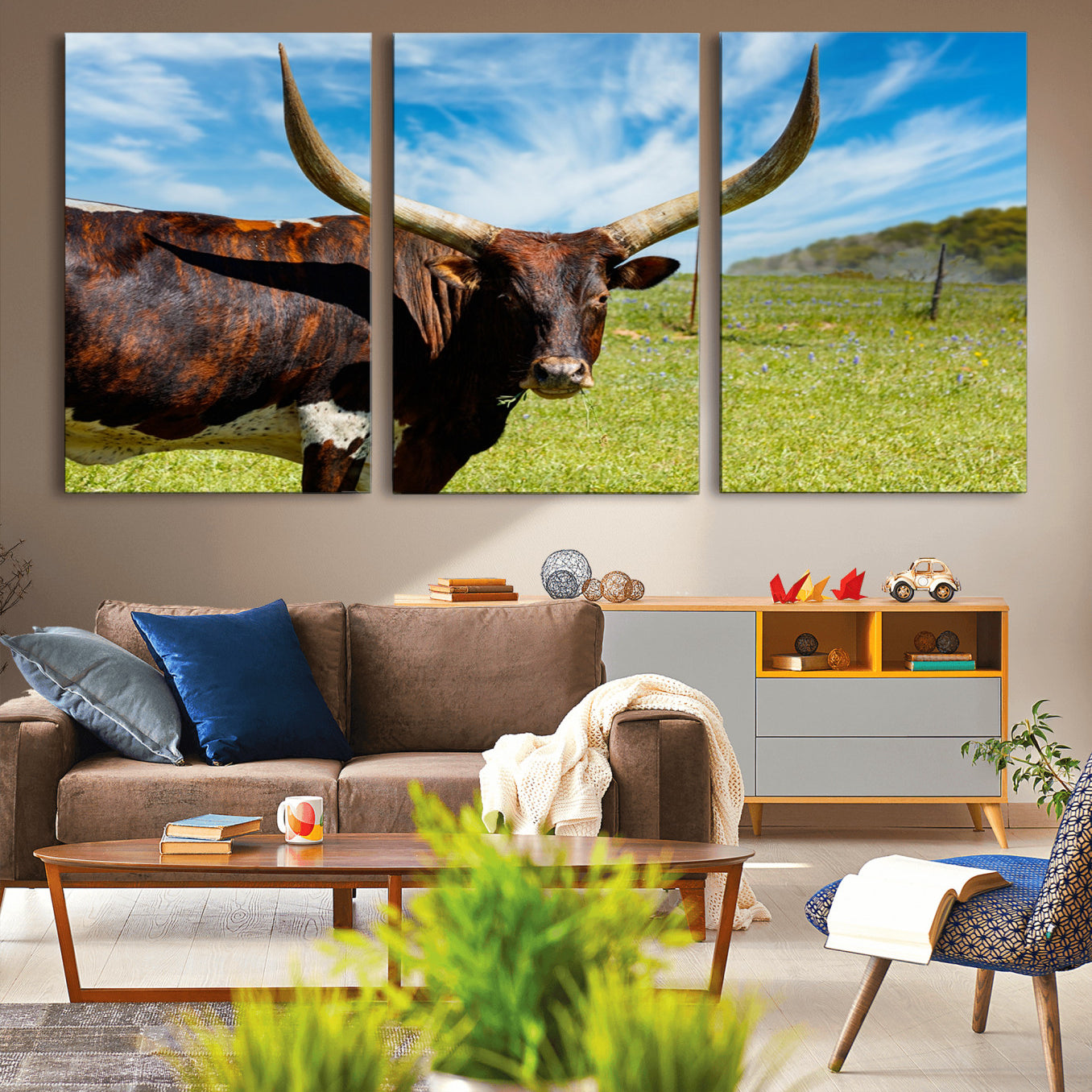 -Longhorn and Cow Wall Art, Country Cow Wall Decor Canvas Print
