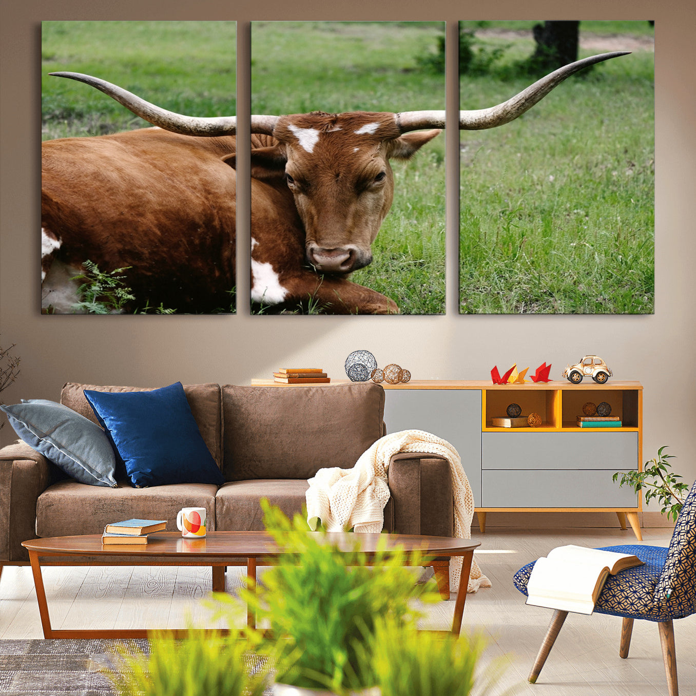-Longhorn Steer Canvas Wall Art – Rustic Nature Triptych Decor for Living Room or Office – Ready to