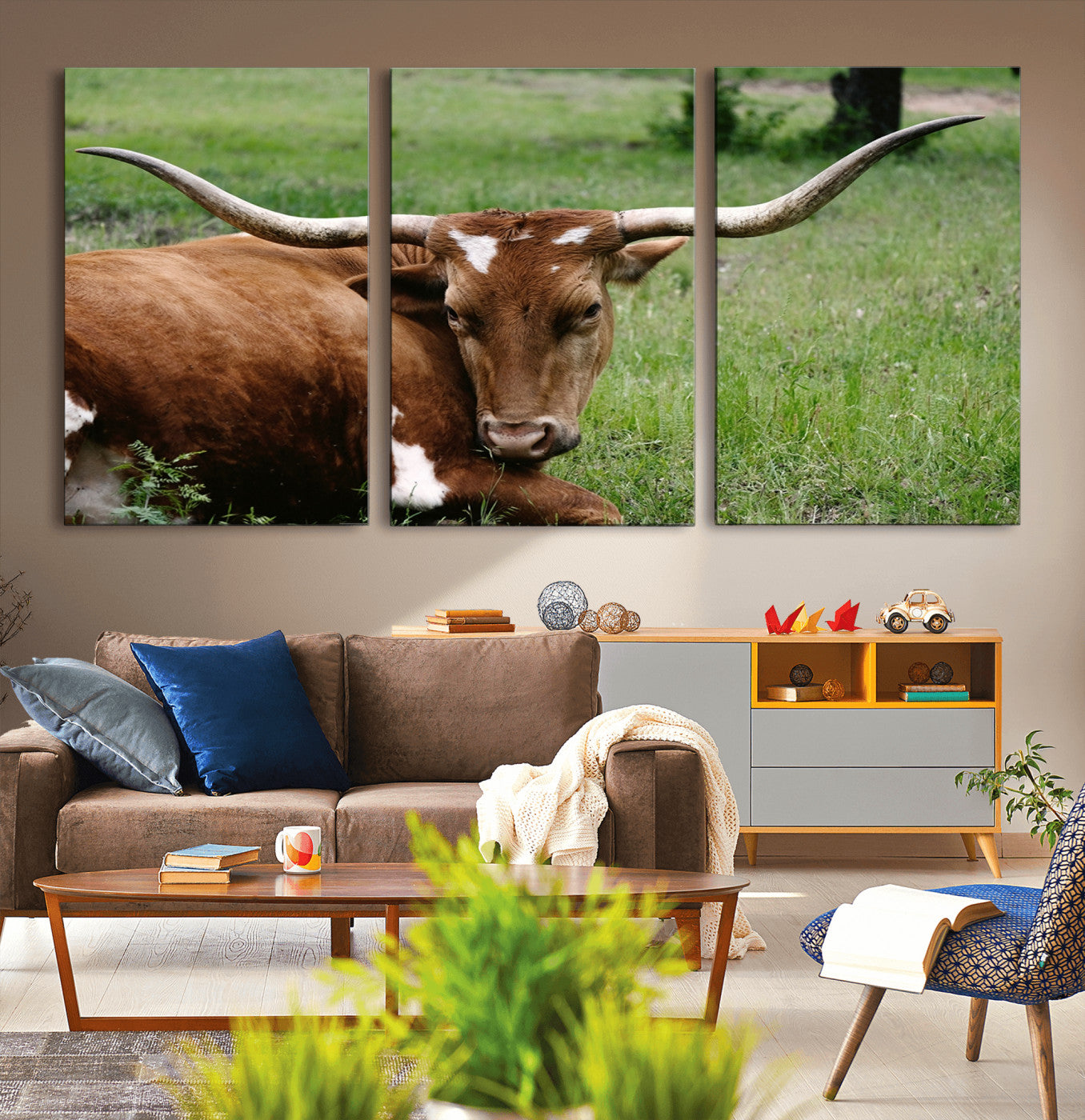 -Longhorn Steer Canvas Wall Art – Rustic Nature Triptych Decor for Living Room or Office – Ready to