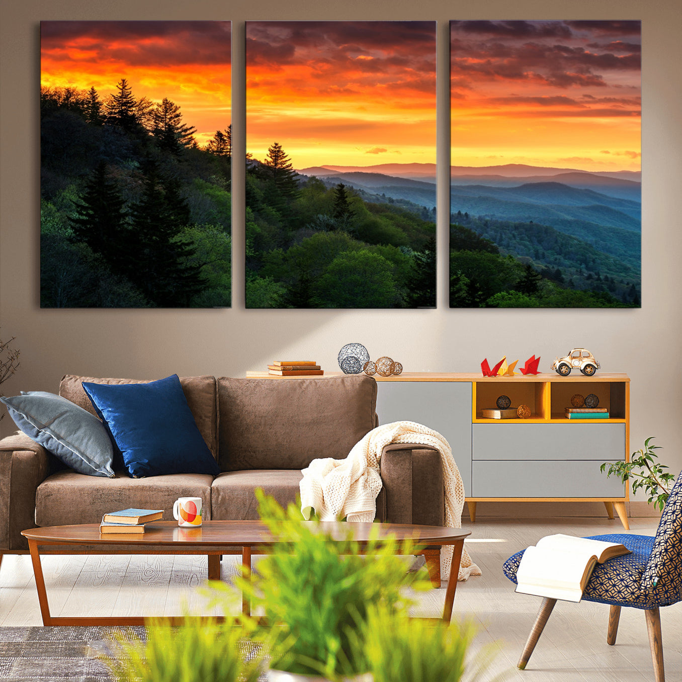 -Great Smoky Mountains Sunset Wall Art Canvas Print | 3 Panel Large Nature Landscape Photography for