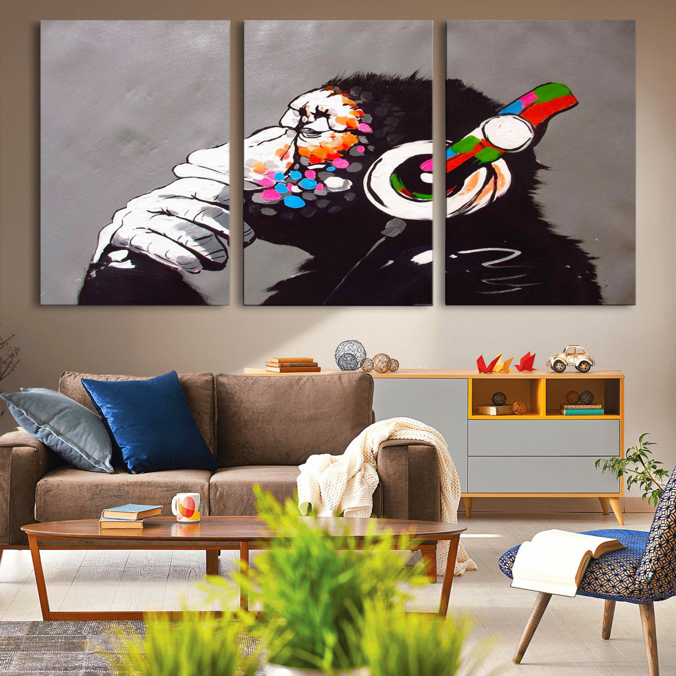 56887-MGV-CV-36X24-Dj Monkey Listening to Music Wall Art Print | Banksy Monkey Large Canvas Print for Living Room,