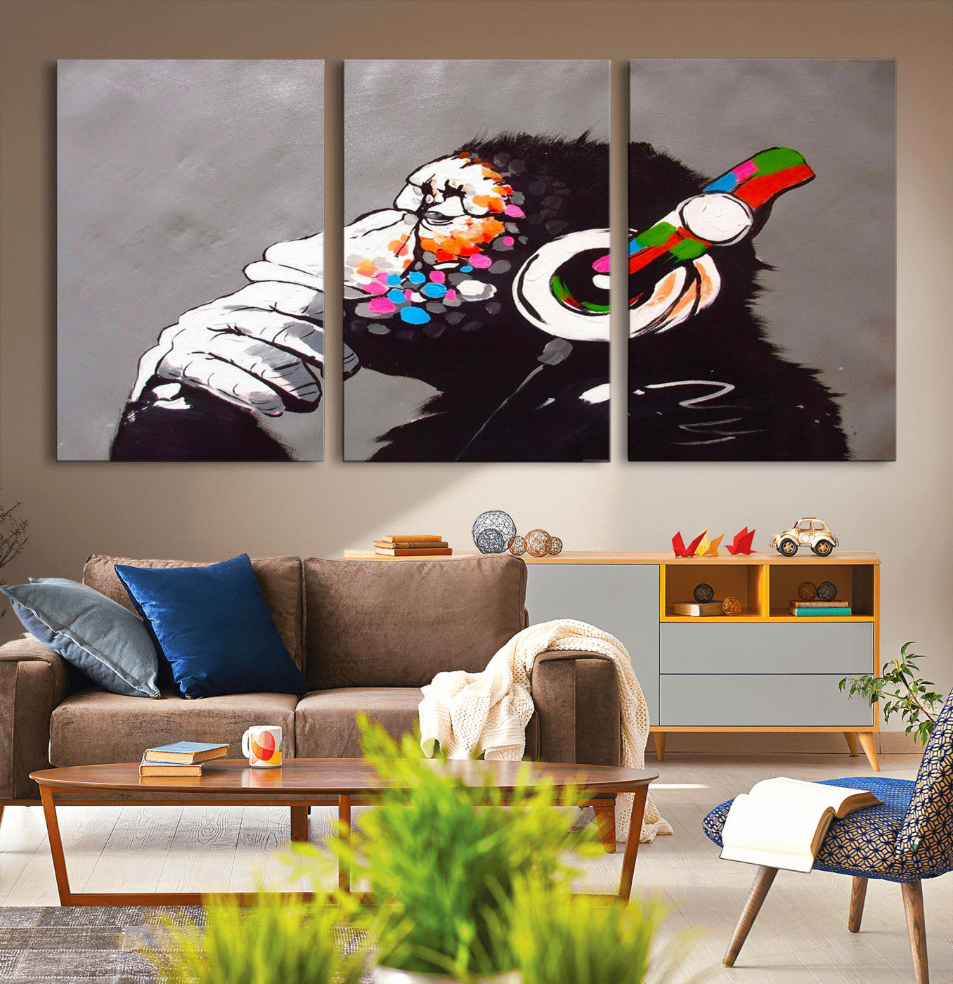 56887-MGV-CV-36X24-Dj Monkey Listening to Music Wall Art Print | Banksy Monkey Large Canvas Print for Living Room,