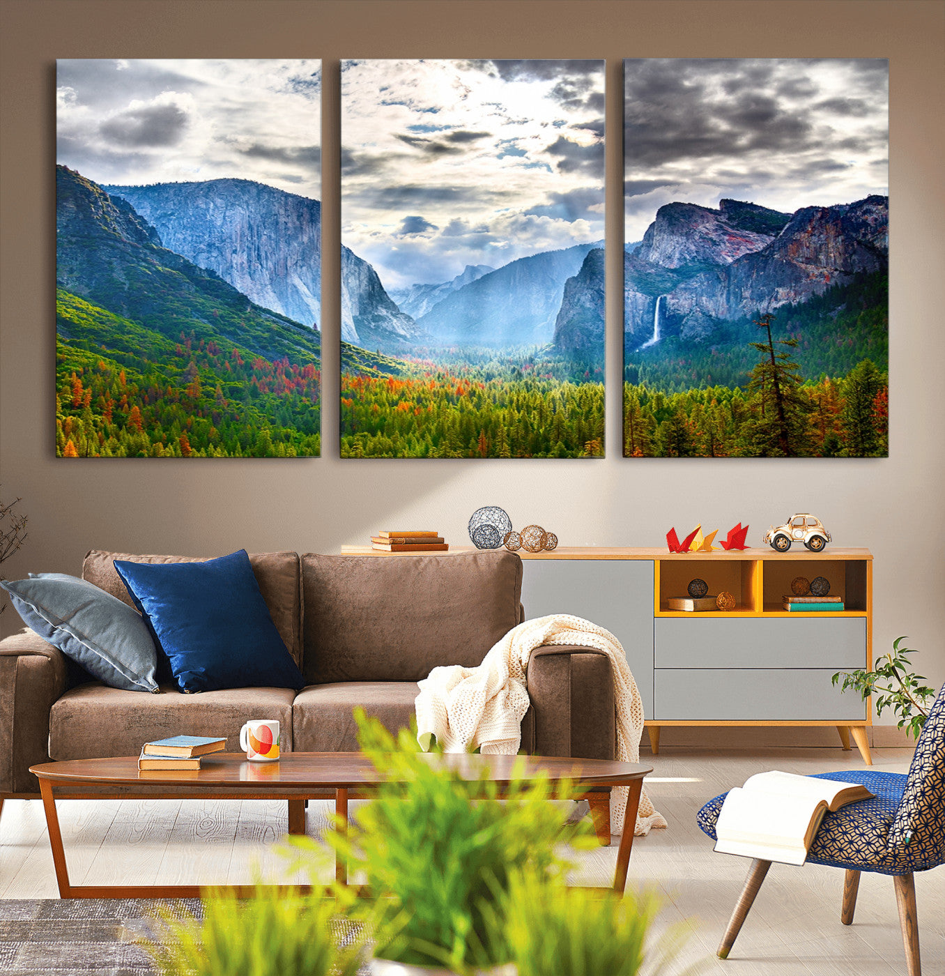 -Yosemite Park Half Dome 3 Panel Canvas Print | Large Giclée Landscape Wall Art for Living Room,