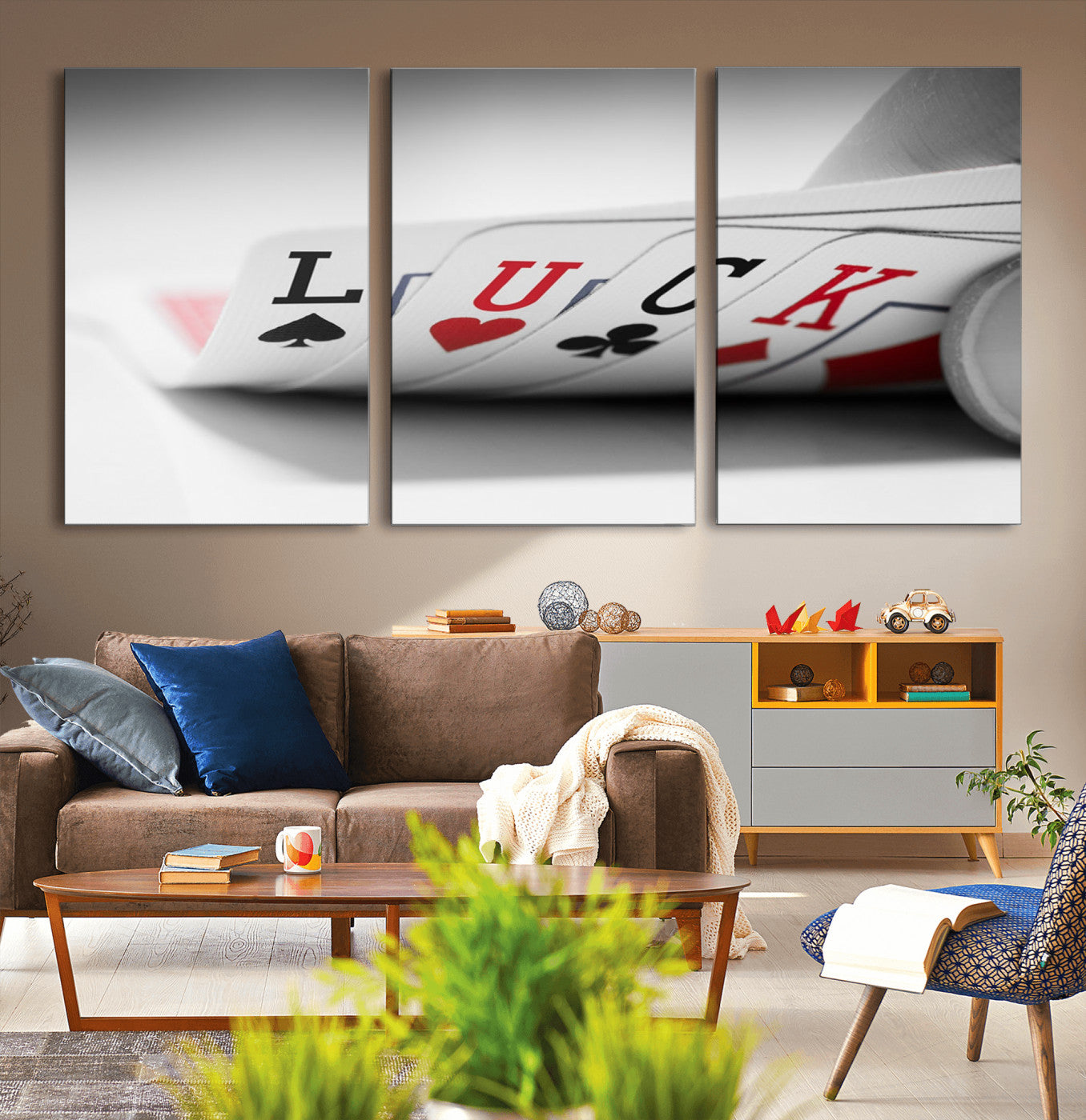 -Framed Luck Poker Cards Canvas – Modern Triptych Wall Art, Ready to Hang for Game Rooms
